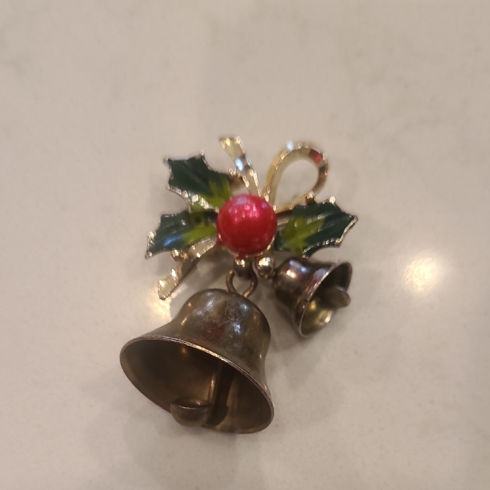 Festive Bell Brooch with Holly and Red Berry